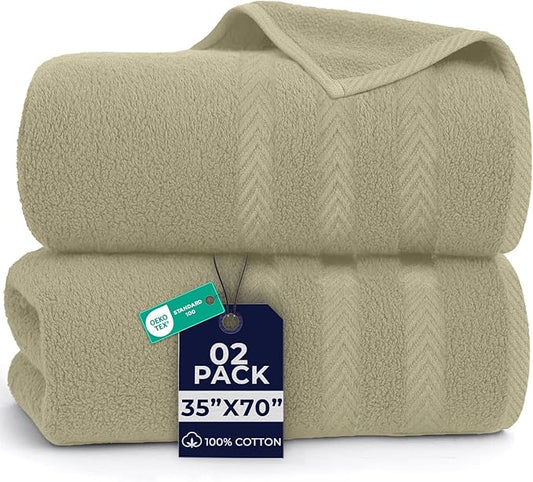 DAN RIVER 2 Pack Luxury Bath Sheets 35x70, 600 GSM, Soft & Quick Dry 100% Ring Spun Cotton Towels Ideal for Hotels, Spas, Gyms & Salons Extra Large, Beige