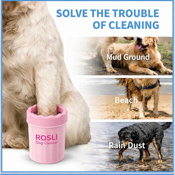ROSLI Dog Paw Cleaner Cup - Portable Pet Paw Washer for Dogs - Deep Cleaning Mud & Dirt - Silicone Brush - Easy to Use & Wash (Pink, Small)