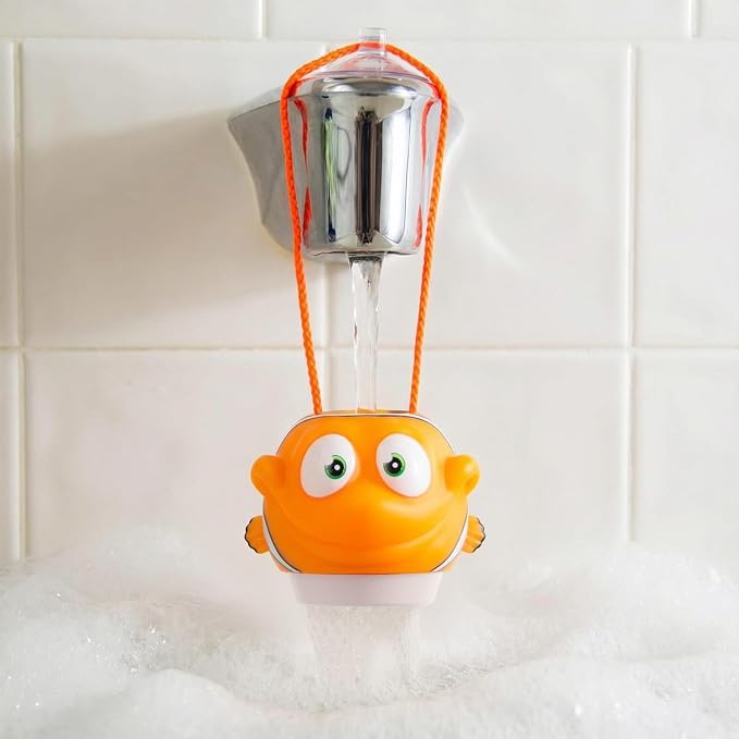 Suddy Buddy® Bubble Maker for Bathtub | Fun Kid Bubble Bath Toys | Safe Bath Bubbler for Boys & Girls Ages 3+ | Includes 1 Foam Dispenser, 1 Trading Card & 3 Super-Bubble Drops | Calvin Clownfish