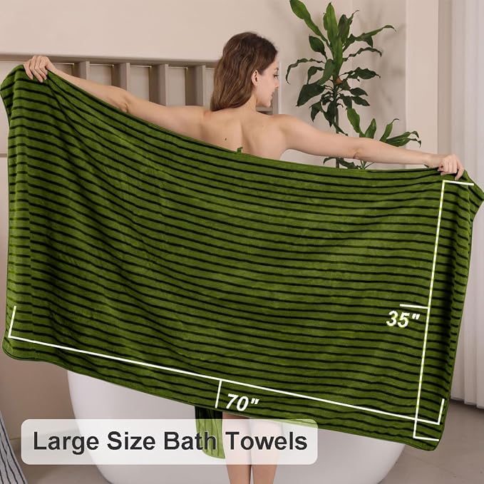 4 Pcs Army Green Cabana Stripe Large Bath Towels 35"x70" Oversized Bath Sheet Soft Breathable Jumbo Bathroom Towels Highly Absorbent Shower Towel Quick Dry Beach Chair Towel Spa Gym Hotel Towel Set