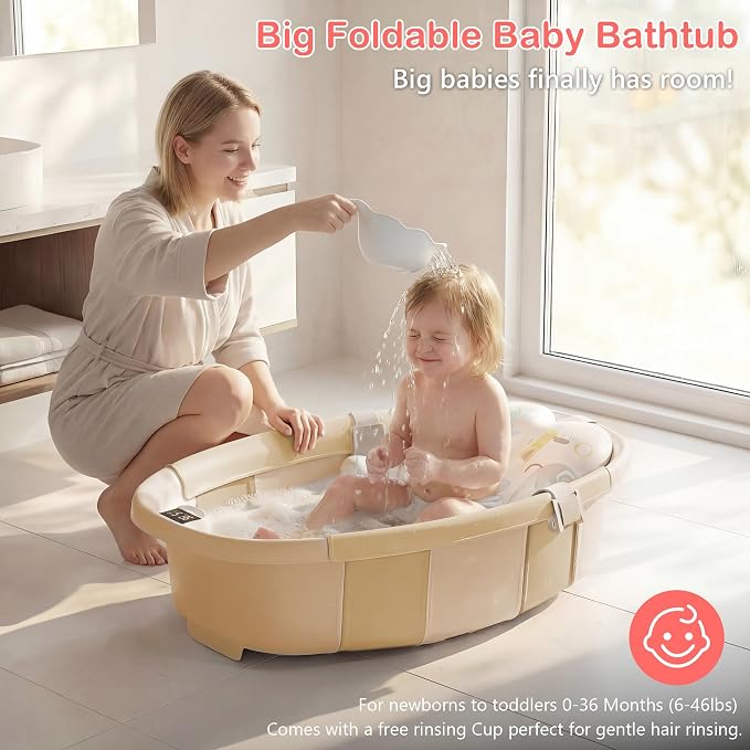 Collapsible Baby Bathtub - Large Baby Bath Tub with Thermometer | Bath Essential Bañera para Bebe Easy Fold Baby Tub | Travel Infant Newborn Toddler Bathtub for Baby Girl Boy 0 to 36 Months(Khaki)