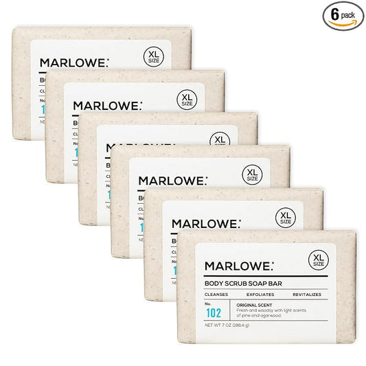 MARLOWE. Body Scrub Soap, Exfoliating Soap Bar, Sage + Fir, 7 oz (6 Bars) | Scrub Soap Bar that deeply cleanses and exfoliates while buffing away rough, dry skin. Original Sage + Fir scent.