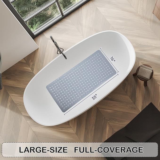 Non-Slip Bathtub and Shower Mats, Power Grip Bath Mat 35 x 16.3 Inch with Suction Cups and Drain Holes for Tub Bathroom Floor Safety, Machine Washable Soft Bathmat, Gray