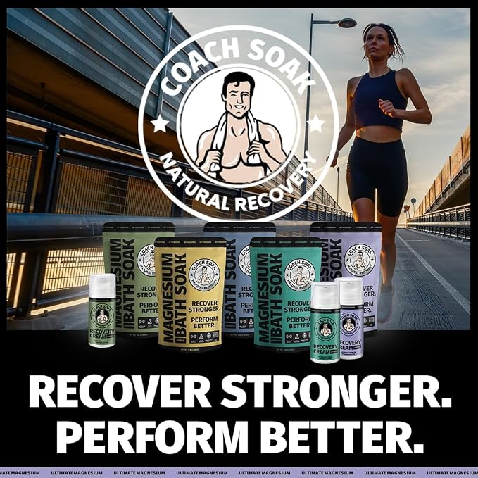 Coach Soak Recovery Bath Soak & Magnesium Cream - Bath Salt (3 lb) & Magnesium Lotion (3.4 oz) - Natural Recovery Cream & Fast-Absorbing Pure Flakes for Relaxing Muscle Support, Calming Lavender