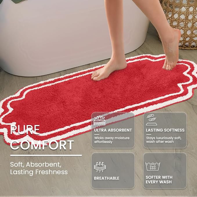 Home Weavers Allure Collection Cotton Bathroom Runner Rug, Soft Absorbent Spray Latex Long Mat, Quick Dry, Machine Washable Floor Runner for Bathroom & Hallway, 21"x54", Red