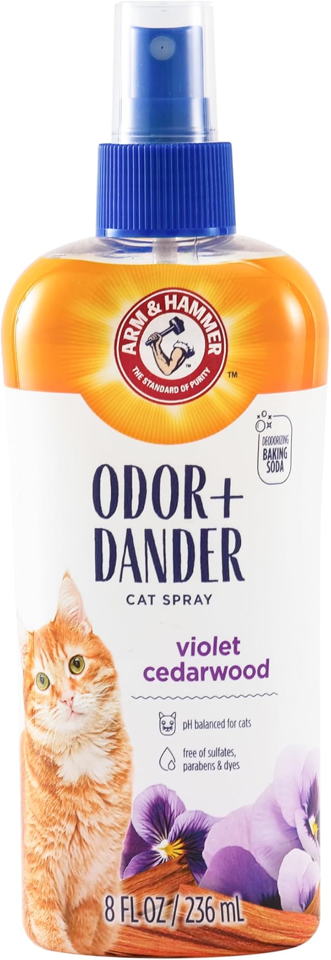 Arm & Hammer Cat Odor Control and Dander Reducing Spray with Baking Soda, Freshens and Deodorizes Cat Coat Between Baths, Paraben Free, Violet Cedarwood Scent, 8 Fl Oz