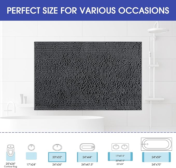ACCUMTEK Striped Grey Bathroom Rug Mat 36"x24" Ultra Soft, Non Slip Chenille Bath Rugs, Absorbent Plush Shaggy Bath Mats for Bathroom, Bedroom, Kitchen, Shower, Tub,Dark Gray, Charcoal