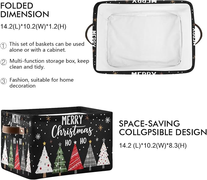 Merry Christmas Tree Black Storage Basket with Waterproof Liner and PU Handles Winter Snowflake Xmas Storage Bins Boxes 14.2" Collapsible Decorative Organizer Baskets for Bedroom Closet Office 1 Pack