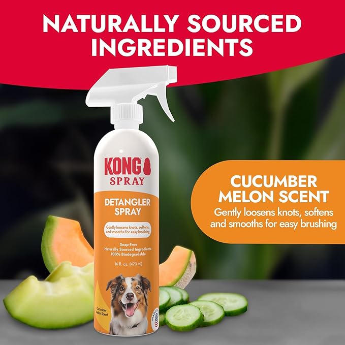 Kong Detangler Spray for Dogs – Cucumber Melon Scent, 16 fl oz – Loosens Knots, Softens & Smooths Coats, Biodegradable, Alcohol-Free, Dye-Free, Cruelty-Free, for Sensitive Skin, Made in USA