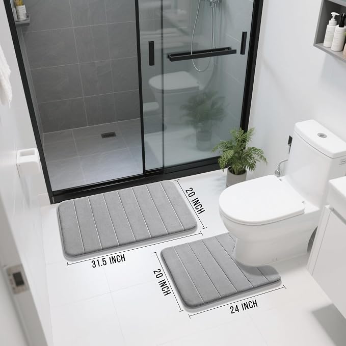Yimobra Memory Foam Bath Mat Set 2 Piece - Super Soft Absorbent Quick Dry Bathroom Toilet Rugs, Machine Washable Non Slip Floor Carpet for Tub Shower & Single Sink (31.5x20 & 24x20, Gray)