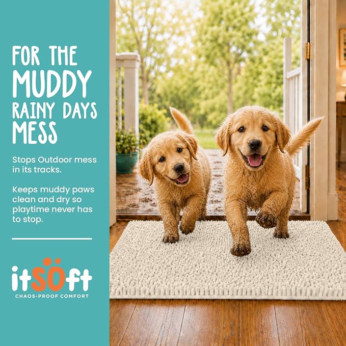 Dog Rugs for Muddy Paws 25x18 | Cleaner Mud Free Floors | Muddy Dogs Mats for Indoor, Dog Mat for Muddy Paws Door Mat Washable, Absorbent Chenille Mud Room Rug Paw Matt w/ Non Slip Backing, Beige