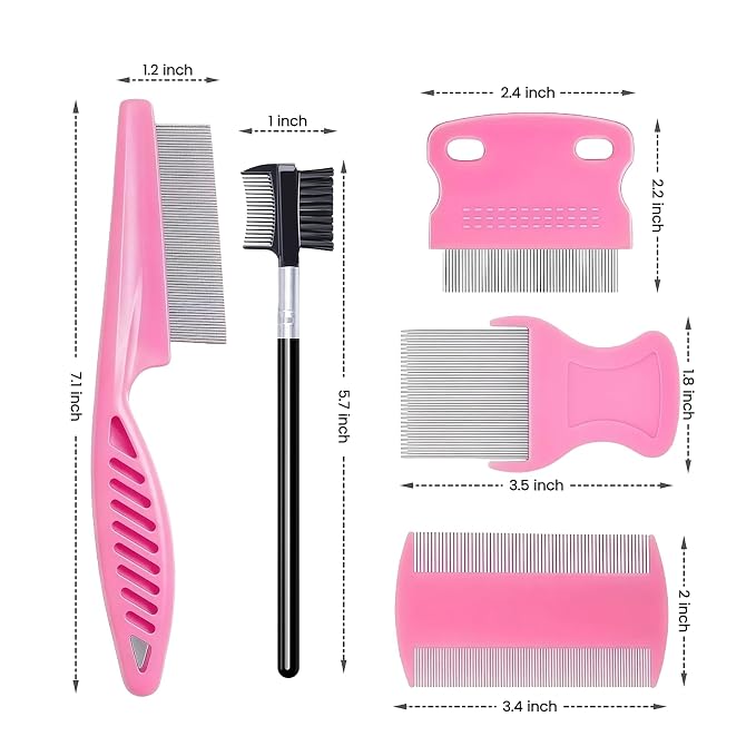 MEDUWEDU 5 Pack Flea & Lice Comb Set for Cats, Dogs & Kids – Stainless Steel Fine Tooth Nit Comb Kit with Double-Sided Tear Stain Remover, Grooming Brush & Peine para Piojos for Thick Hair (Pink)