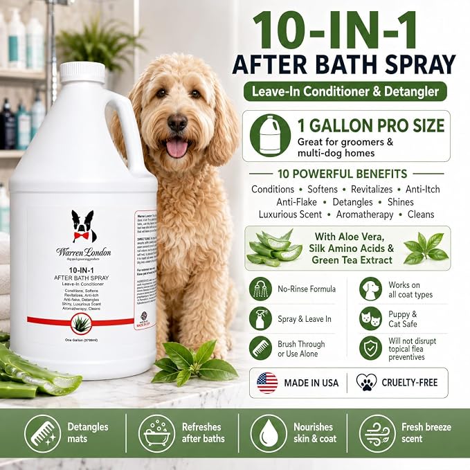 Warren London 10-in-1 After Bath Dog Spray | Dog Leave in Conditioner and Detangler | Pet Grooming Spray with Aloe Vera, Silk Amino Acids and Green Tea Extract | Made in USA | 1gal