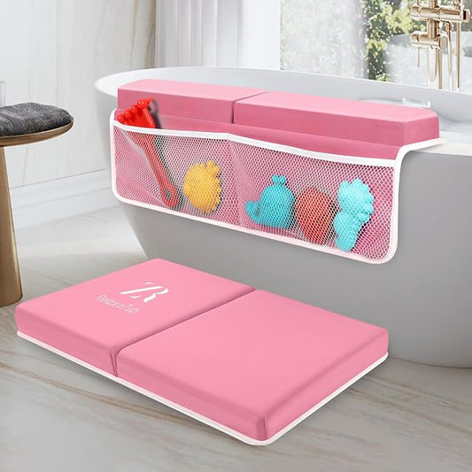 Bath Kneeler and Elbow Rest Pad Set - 2-Inch Thick Comfortable Baby Bath Kneeler Pads, Quick-Dry Non-Slip Bathtub Mat with Toy Organizer for Knee & Arm Support for Baby Bath Time