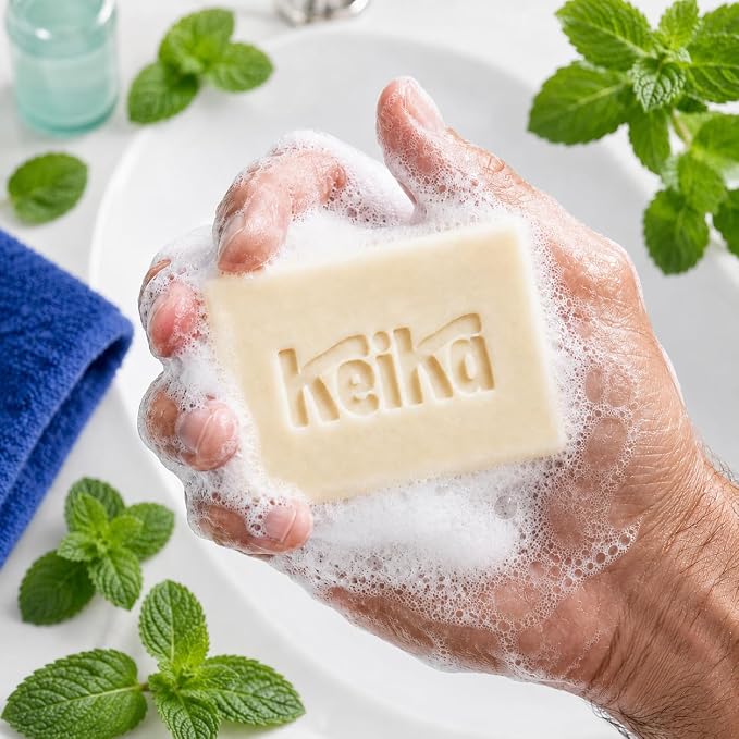Keika Peppermint Soap Bar for Face & Body, Natural Cooling Spa Bath & Shower Cleanser, 5 oz.