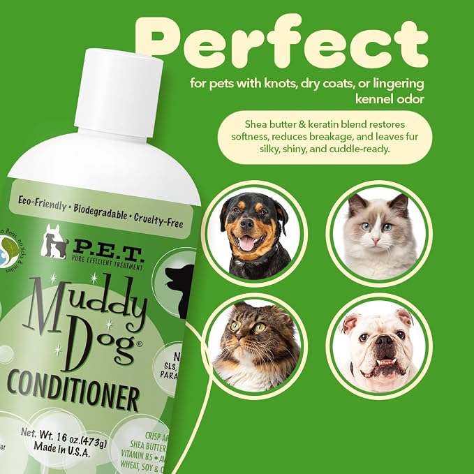 P.E.T. Muddy Dog Deep-Conditioning Rinse, 16 oz | 25 : 1 Concentrate | Shea Butter, Keratin & Papaya Blend | Fast Detangle, Odor Neutralizer & Soft-Coat Finish | Cosmetic Formula