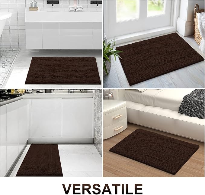 Grandaily Chenille Striped Bathroom Rugs 47x32, Extra Thick and Absorbent Bath Mats, Non-Slip Soft Plush Shaggy Shower Carpet, Machine Wash Dry, Bath Rug for Bathroom, Brown