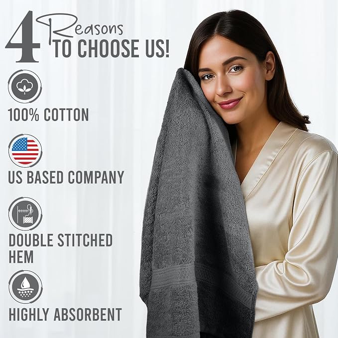 RIVERSIDE 100% Ring Spun Cotton Large Bath Towels Set of 4, 27 x 54 Inches – Quick Dry, Soft & Highly Absorbent Towels for Shower & Bathroom – Luxury 600 GSM Towels for Home, Spa, Gym, Hotel, Gray