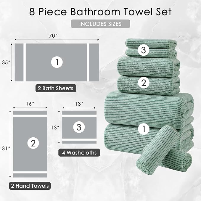 8-Piece Premium Towel Set for Bathroom|2 Oversized Large Bath Sheet,2 Hand Towels,4 Washcloths|Soft Cozy Highly Absorbent Fast Dry Microfiber Shower Towel Set for Hotel Bathroom Essentials,Green