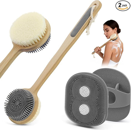 Back Scrubber for Shower + Body Scrubber 2 Pack - Dual Sided Silicone & Nylon Bristles Lather Well, Exfoliating Anti-Slip Wood Long Handle Back Scrubber Body Exfoliator for Wet/Dry Bath Brush Grey