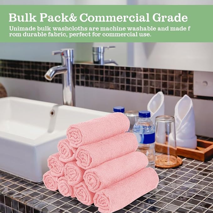 UNIMADE Washcloths Bulk - 10 Pack - Face Towels (12" x 12"), Highly Soft Wash Cloths and Hand Towels, Fast Drying Multi-Purpose Microfiber Cleansing Cloths for Bathroom, Hotel, Spa, and Salon - Pink