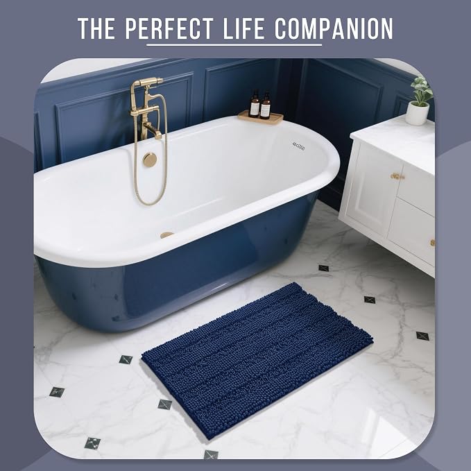 Yimobra Bathroom Rug Mat 36 x 24, Non Slip and Super Absorbent Bath Mat,Machine Washable Quick Dry,Ultra Plush Chenille Shower Rugs for Bathroom Floor Sink Tub and Shower Outside,Navy Blue