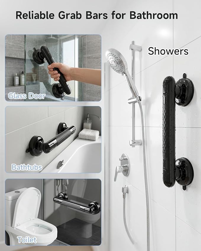 Upgraded Suction Shower Handle with Anti-Slip, 2 Pack Grab Bars for Shower and Bathroom, Heavy Duty Removable Safety Grip Handrails Grab Bars for Bathtubs, No Drilling & Waterproof, Black