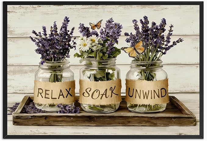 Relax Soak Unwind Lavender Bathroom Wall Art Farmhouse Mason Jar Floral Poster Rustic Spa Wall Decor with Butterflies Aesthetic Print for Powder Room Apartment 20X30 in Wrapped Framed