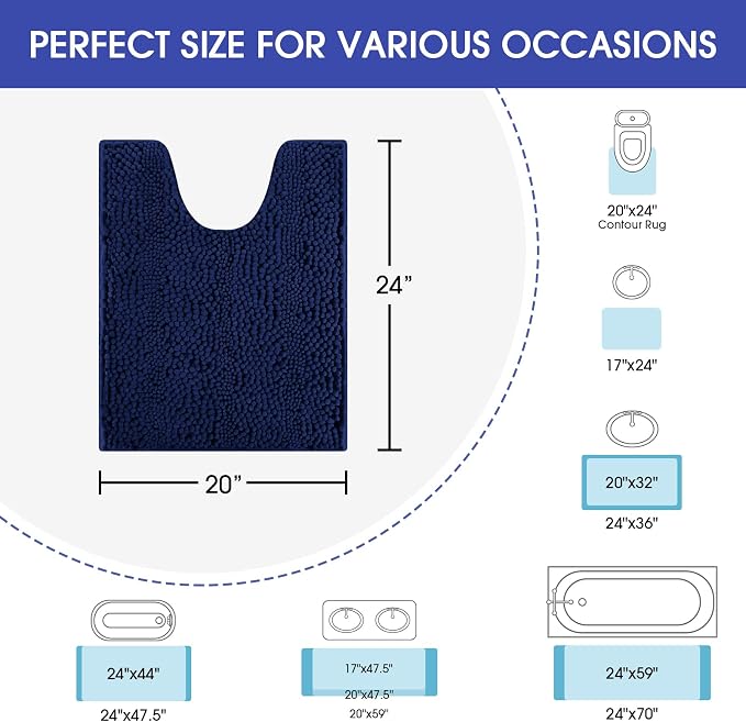 ACCUMTEK Striped Navy Blue Toilet Bathroom Rug Mat 24" x 20" Contour Rug Ultra Soft, Non Slip Chenille Bath Rugs, Absorbent Plush Shaggy Bath Mats for Bathroom, Bedroom, Kitchen, Shower, Tub