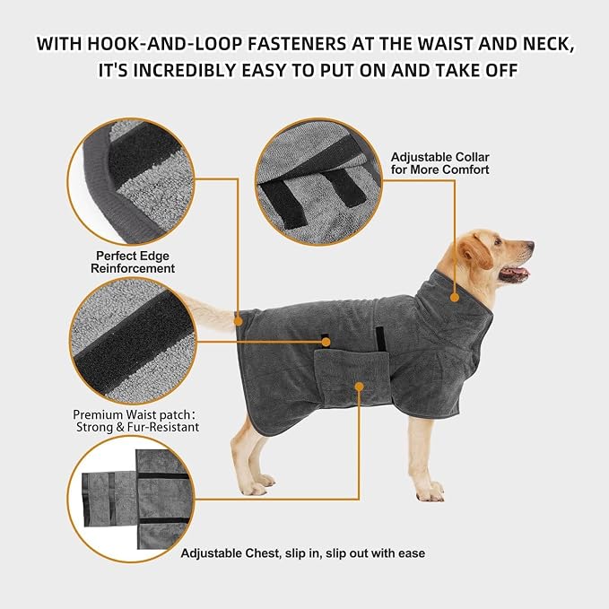 Dog Bathrobe, Quick Drying Super Absorbent Dog Robes for After Bath, Warm Keeping Dogs Towel, Dogs Bath Supplies, Comfortable Soft Drying Coat(X-Large, Grey)