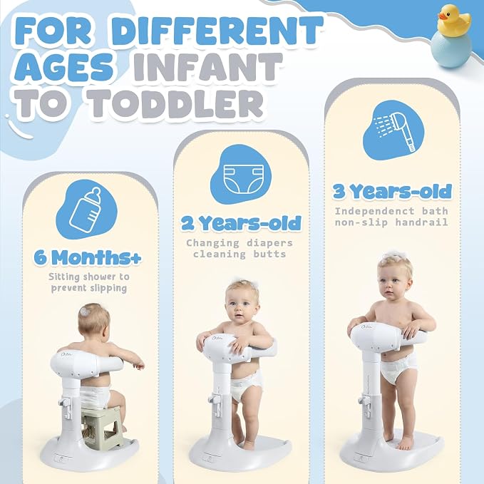 Orzbow Baby Shower Stand, Collapsible Baby Bath Stand with Foldable Chair, Adjustable Height Toddler Shower Standing Support for Infant 6-36 Months, Anti-Slip Base, Easy-Use, Gray