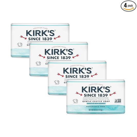Castile Bar Soap by Kirkâ€™s | Clean Soap for Men, Women & Children | Premium Coconut Oil | Sensitive Skin Formula, Vegan | Fragrance-Free/Unscented | 4 oz. Bars - 4 Pack