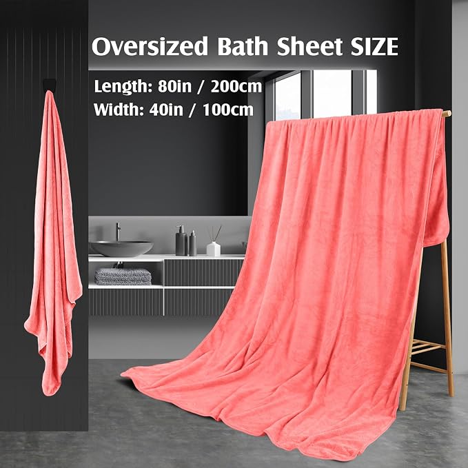 Preboun 4 Pcs Oversized Fleece Bath Towels, 40 x 80 Inch Bath Sheets Extra Large Microfiber Coral Velvet Highly Absorbent Towels 350gsm High Density Towel for Adults Home Beach (Pink)