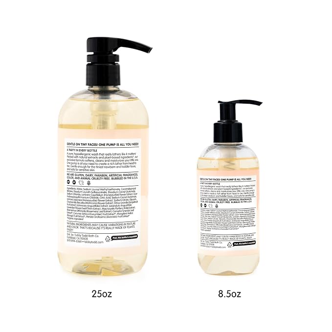 TUBBY TODD Hair + Body Wash - Baby Shampoo and Body Wash - Gentle, Natural Baby Wash for Newborns, Babies, and Toddlers - Non-Toxic and Hypoallergenic - Fragrance-Free, 2 Pack, 8.5oz & 25oz