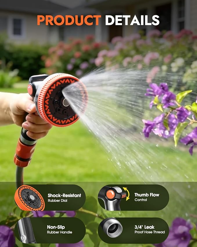 Insoma Full Metal Garden Hose Nozzle, Heavy Duty Water Hose Sprayer 8 Spray Patterns with Thumb Flow Control, Ergonomic Grip, Gentle Mist for Plants, Water-Saving, for Watering, Washing & Pets