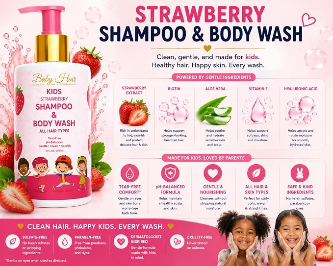 BABY HAIR - Strawberry Mineral Kids Shampoo/Body Wash, Sulfate-Free Tearless Shampoo and Body Wash, Shampoo For Kids with Strawberry Oil, Camellia Oil, and Biotin, No Tears Shampoo, 10 fl.oz.
