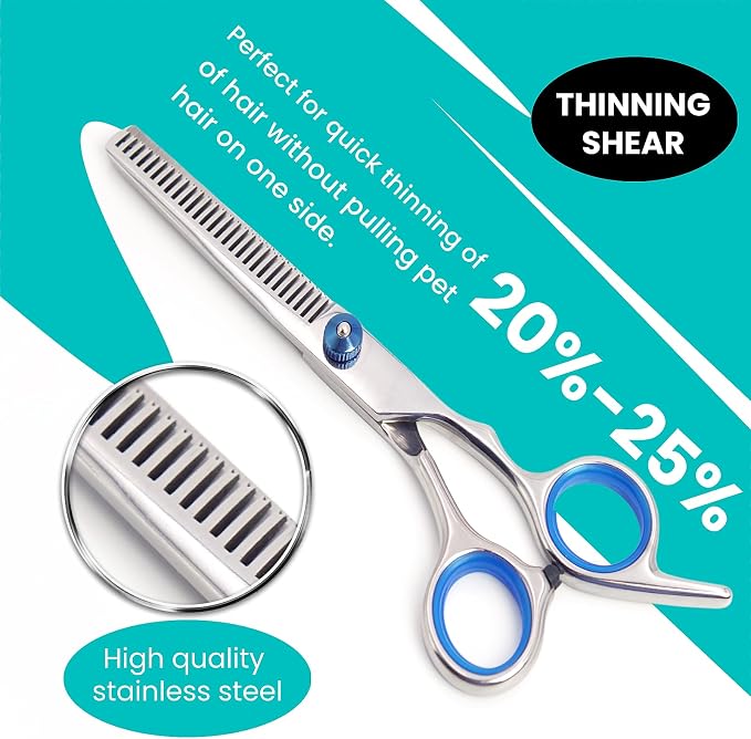 MEDUWEDU 7 in 1 Dog Grooming Scissors Set with Safety Round Head, Sharp and Durable, with Two Stainless Steel Combs, Pet Grooming Scissors for Cats and Dogs