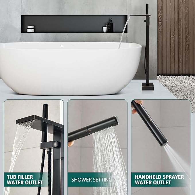 Hoimpro Tub Filler Freestanding Bathtub Faucet Oil Rubber Bronzed Floor Mount Tub Faucet Waterfall Free Standing Bathtub Filler High Flow Brass Bath Shower Faucets with Handheld Sprayer