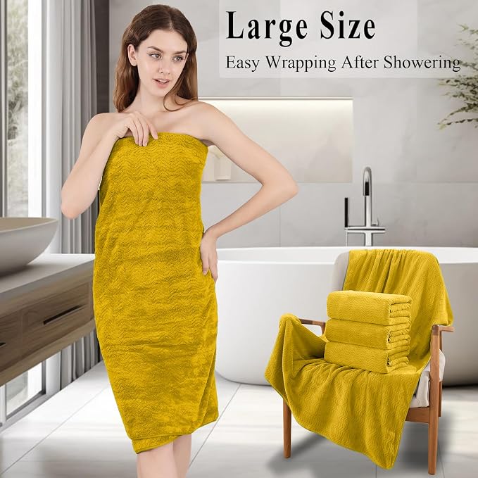 Bath Towel Set of 4, Extra Large Towels Oversized 35x70 Inch Shower Bathroom Towels Highly Absorbent Quick Dry Towel Textured Soft Bath Sheet Towels Set for Bathroom Hotel SPA Fitness Camping (Yellow)