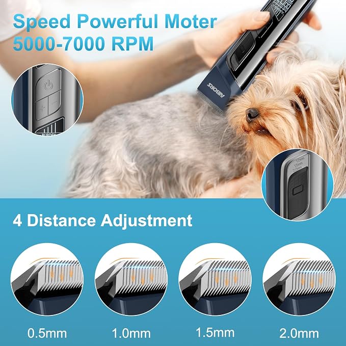 Dog Clippers for Grooming, 5 Speed & Self-Sharpening Blade, Cordless Low Noise Rechargeable 2600mAh 5H Runtime, LCD Display, 6 Guide Combs for Dogs Cats(Blue)