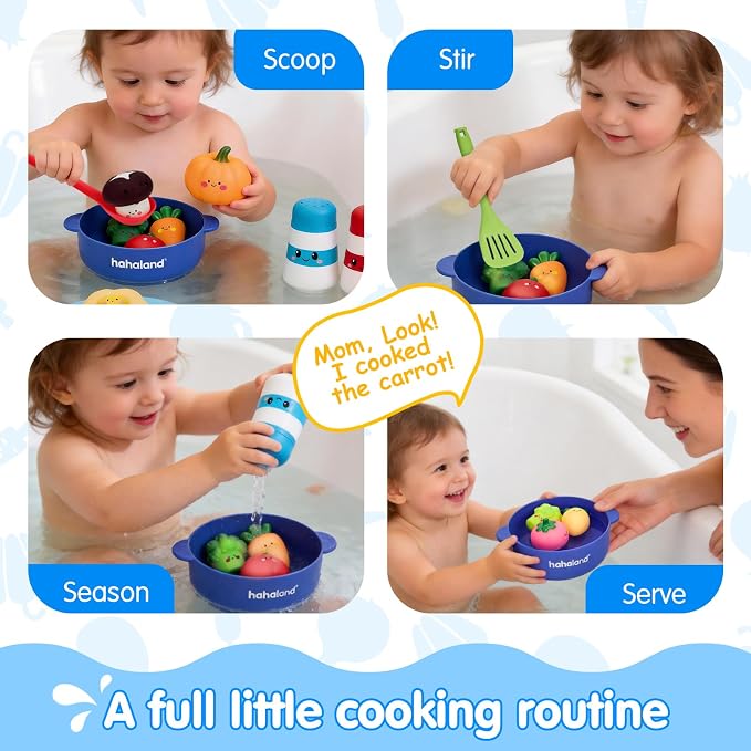 hahaland Color Changing Bath Toys for Toddlers 1-3, Bath Soup Kitchen Playset for 12M+, No-Hole Mold-Free Bathtub Toy for 1 Year Old, Pretend Cooking Set with 15 PCS Veggies, Pot, Spoon, Mesh Bag