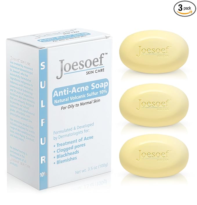 Joesoef Anti-Acne Soap, Natural Volcanic Sulfur 10%, for Oily to Normal Skin, 3.5-Ounces (Pack of 3)