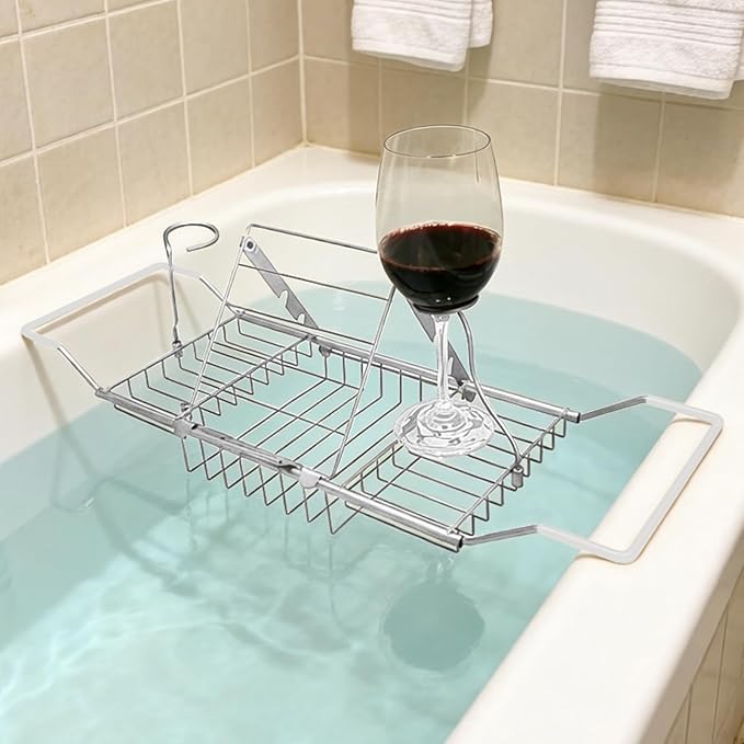 Bathtub Caddy Tray, Expandable Bath Tub Table with Removable Book Holder Red Wine Rack Holder, for Home Kitchen Bathroom, Sliver