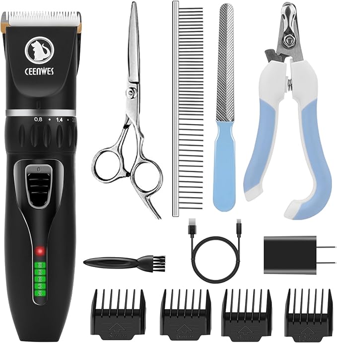 Ceenwes Ultra-Sharp Blade and Powerful Motor Dog Clippers, Black, 5 Size Fine Tuning Knob, Low Noise, USB Chargeable, All-In-One Box