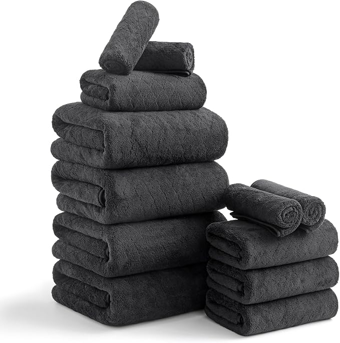 Luxury Bath Towels Set - 12 Piece (4 Large Bath Towels,4 Hand Towels,4 Washcloths), 100% Microfiber,Extra Absorbent Super Soft & Quick Dry,Complete Family Pack for Bathroom Gym Pool,Black