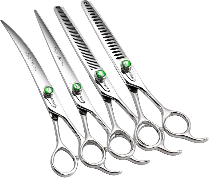 Professional Dog Grooming Scissors Kit Japan 440C Stainless Steel 7.0 in Curved Thinning Straight Chunker Shears and Comb 5pcs Set for Grooming Dogs Cat Pet