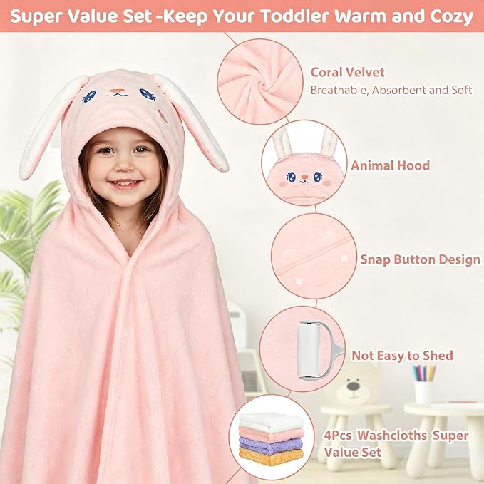6 PCS Toddler Towels Set for Boy Girl 0-5 Year, 2 PCS Absorbent Hooded Baby Bath Towels Large 55" x 27.5" & 4 PCS Washcloths, Ultra Soft Toddler Newborn Bath Essentials Gifts, Rabbit & Elephant
