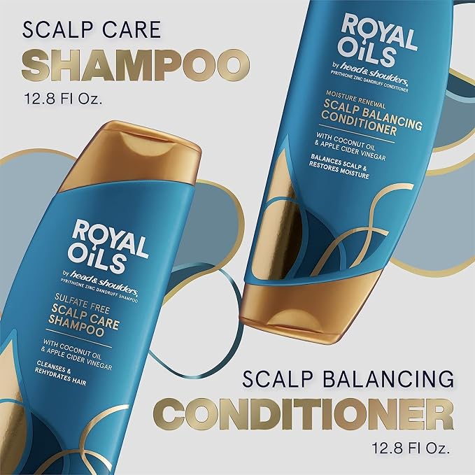 Head & Shoulders Royal Oils Shampoo and Conditioner Set, 1% Pyrithione Zinc, Scalp Care & Hydration, Moisture Renewal Conditioner + Anti-Dandruff Shampoo, 12.8 fl oz Each