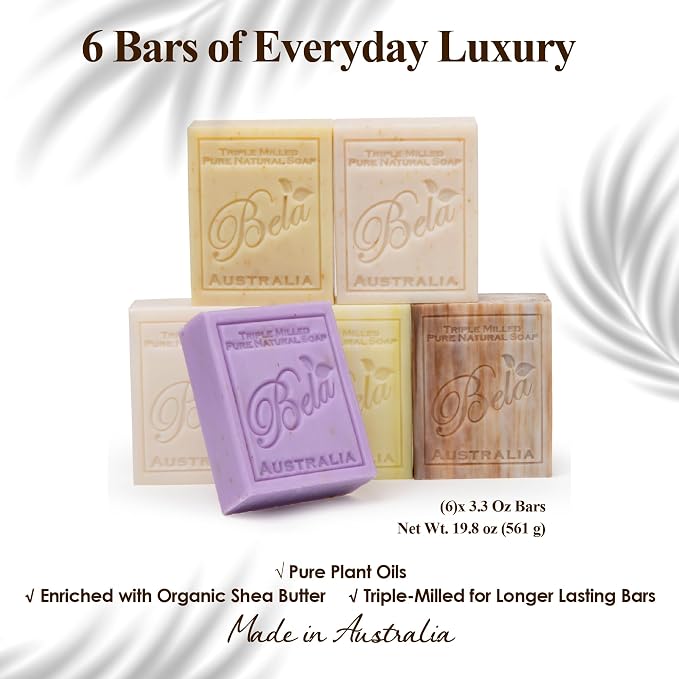 BELA Triple Milled Soap Variety Pack 3.3 OZ Pack of 6, Long Lasting French Triple Milled Bar Soap with Organic Shea Butter, Hand, Face and Body Wash Bar Made in Australia