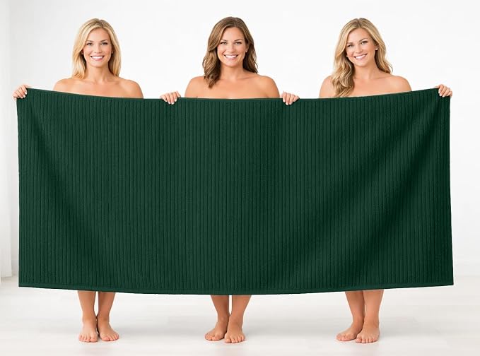 DAN RIVER Pack of 2 Bath Sheet 35x70 Inches, Ribbed Oversized Bath Towels Extra Large, Organic Cotton Towels for Bathroom - Hunter Green